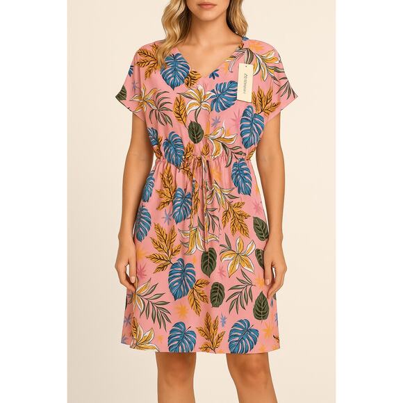 Ekouaer Pink Floral Dress Sz M Short Sleeve Drawstring Waist Summer Casual - Picture 1 of 6